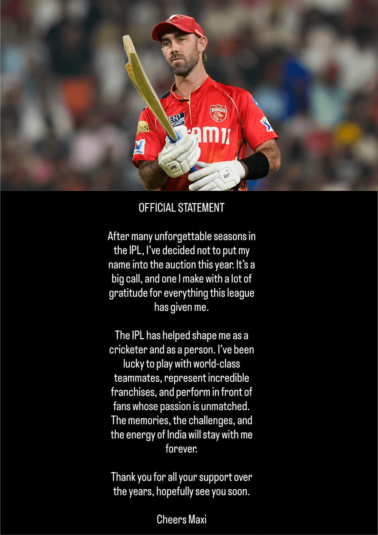 ఐ పి ఎల్ కి గ్లెన్ మాక్స్‌వెల్ గుడ్ బై