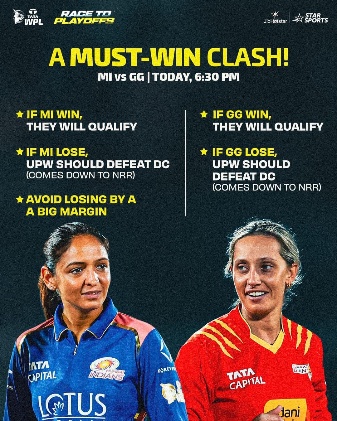 WPL ప్లేఆఫ్స్ రేస్‌లో హోరాహోరీ పోరు.. MI vs GG నేడు