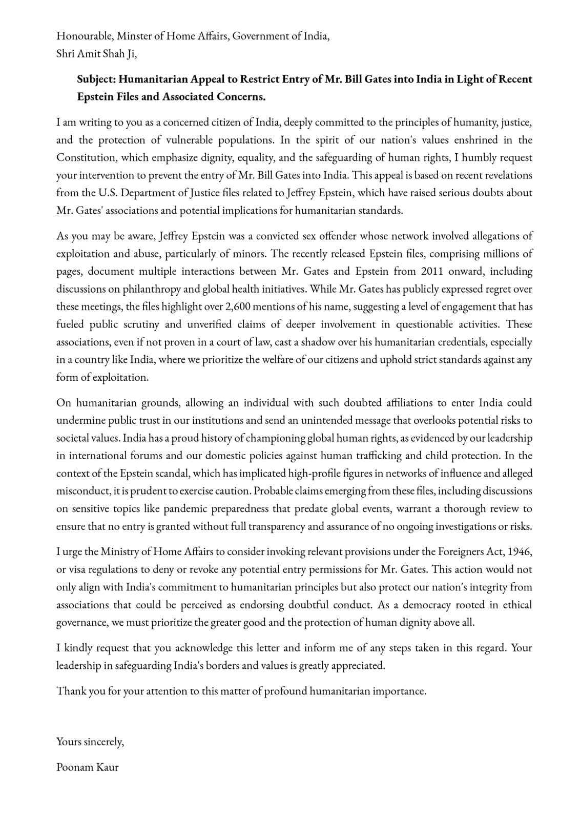 భారత్‌లో బిల్ గేట్స్ పర్యటన పై  కేంద్రానికి హీరోయిన్ పూనమ్ కౌర్ లేఖ