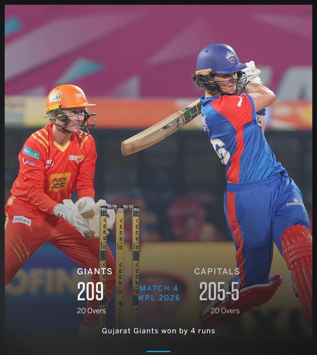 WPL 2026: ఢిల్లీ క్యాపిటల్స్పై 4 రన్స్ తో గుజరాత్ జైంట్స్ విన్